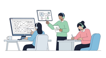 Illustration of team of software developers collaborating on wireframes and designs in office environment