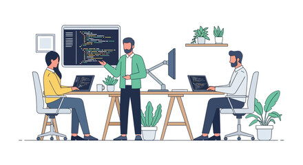 Illustration of team of developers collaborating on coding projects in modern office with computers and plants