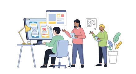 Illustration of team of developers collaborating on web design project with digital screens and plants