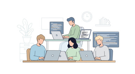 Illustration of team of software developers collaborating on coding projects in modern office environment