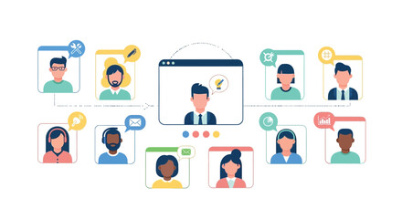Illustration of diverse team collaborating online through video conference and digital communication tools