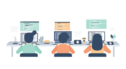 Illustration of three professionals working on computers in modern office environment with coding screens