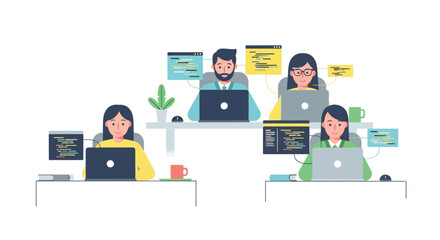 Illustration of team of software developers collaborating on coding projects with laptops and code