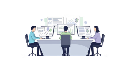 Illustration of team of it professionals collaborating on cybersecurity and data analysis in office environment