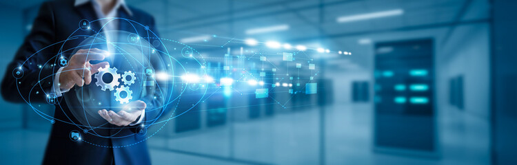 Businessman hand hold settings, system configuration, personalization options, security parameters, network setup, software preferences, user management, optimization tools, workflow customization