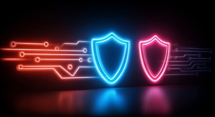 A glowing neon illustration of password protection represents secure data encryption and safe access to digital online networks and computer systems