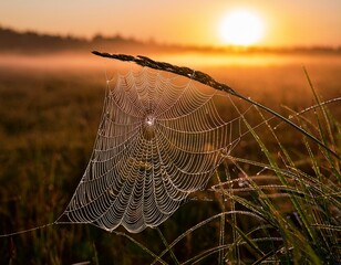 dew kissed spiderweb at sunrise nature s intricate design