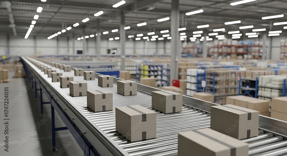 Automated conveyor belt system moving packages in a large modern ...