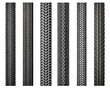 © sporsho - Six Different Tread Patterns of Bicycle Tires Lined Up Vertically on a White Background Keywords: bicycle, tire, tread, pattern, rubber, wheel, bike, cycling, grip, traction, texture, design