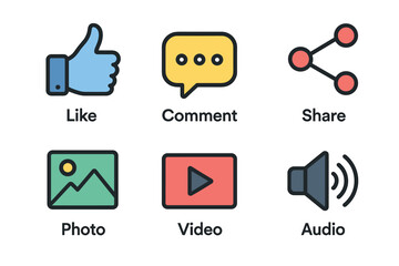 Social media interaction and content type vector icon set. Simple colorful symbols for like, comment, and share.