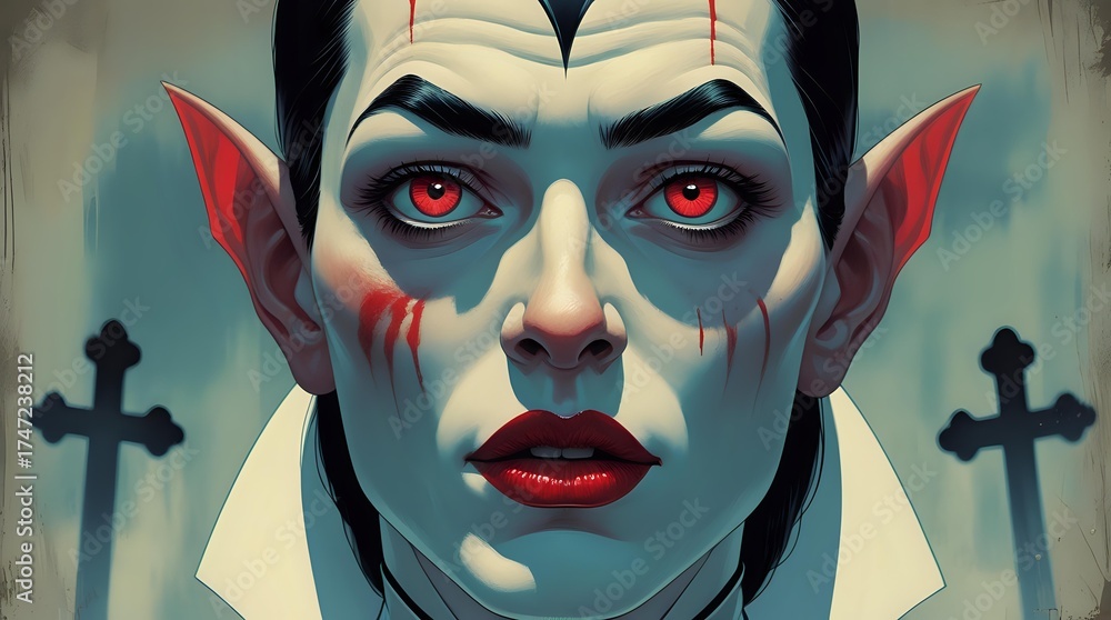 Extreme Close-Up Gothic Vampire Lord with Hypnotic Red Eyes in a Dark ...
