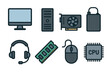 © Sophia - Computer hardware and PC components vector icon set. Collection of various parts and peripherals for a desktop computer.