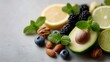 © Best Images - Healthy assortment of fresh fruits nuts and mint for a balanced diet.