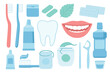 © Jane - Dental care and oral hygiene vector icon set. Flat cartoon illustration collection of tooth, smile, toothbrush, toothpaste, floss, mouthwash, whitening strips, mint, and gum.