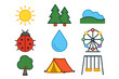 © Fannies - Nature and fun icon collection vector. Summer camp and outdoor activity symbols. Sun, forest, ladybug, ferris wheel, camping tent, playground swings. Entertainment web elements.