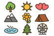 © Fannies - Nature and recreation icon set vector pack. Outdoor activity, camping, hiking, love and summer fun symbols. Web icons for tree, sun, mountain, flower, tent, ferris wheel.