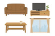 © Fannies - Living room furniture set vector illustration. Interior design elements. Sofa, TV stand, coffee table and window with curtains. Home decor concept. Cozy apartment flat icons.