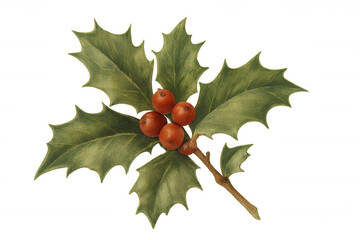 Wall Mural - Holly sprig with green leaves and red berries for christmas and holiday season decorations, botanical illustration