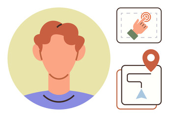 Wall Mural - Headshot icon and map symbol with location pin and touch interaction represent user identity, navigation, and technology. Ideal for apps, digital tools, location services, identity systems, UI