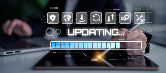 Wall Mural - Knowledge upgrade and software updates support digital skills growth, competitiveness, and continuous learning to stay current with new tech trends. Latch
