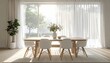 © Andi - Bright, airy dining room featuring a wooden table set with white chairs, a vase of flowers, and a potted plant.