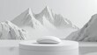 © Andi - Modern wireless computer mouse resting on a circular pedestal, showcasing a minimalist design against a backdrop of abstract, snow-covered mountain peaks and a calm, reflective surface, creating a...