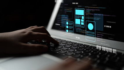 UI UX mockup showing application layout, structure, and code interface. UI design defines user flow, UI design improves clarity, UI design enhances experience, and UX design supports logic. Latch