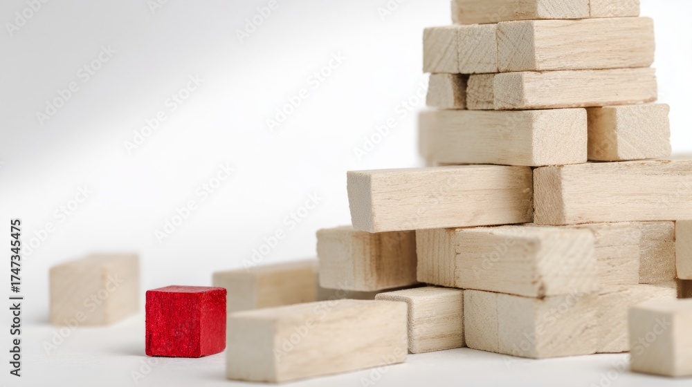 apart. Partially collapsed tower of wooden blocks with a single red ...