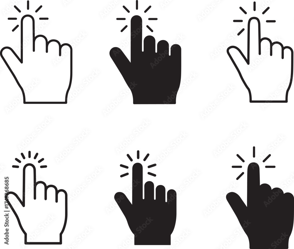 Collection of six hand cursor icons in line art and silhouette for ...