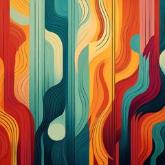 Wall Mural - Abstract art featuring vertical strips in warm and cool tones. Wavy lines intersect, creating a dynamic, colorful composition. The piece evokes movement and visual interest.