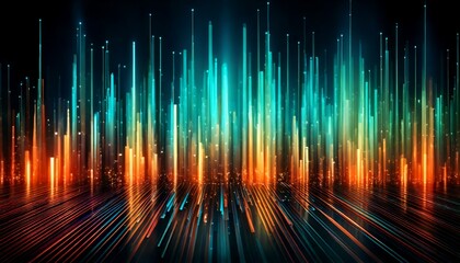 Wall Mural - Abstract digital art features vibrant vertical lines with a gradient of orange, teal, and yellow, reflecting on a surface. It evokes energy and data visualization.