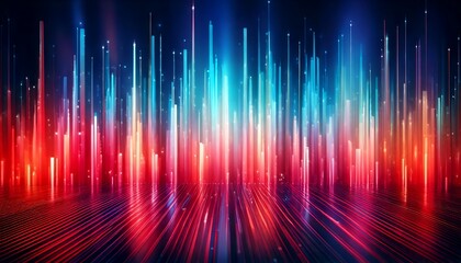 Wall Mural - Abstract neon lights burst upwards from a reflective surface, creating a vibrant, colorful display. Hints: Energy, Dynamic, Digital.