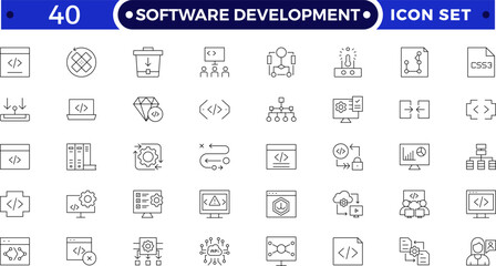 Software Development set of web icons in Outline style. Developer icons for web and mobile app. Code, api, programmer coding, app, flow, node connect, web coder, bug fix and more.