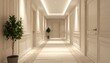 © Xsport - Interior hallway features an elegant, minimalist design with soft lighting illuminating the pale wooden floor and walls, creating a calm and spacious atmosphere.