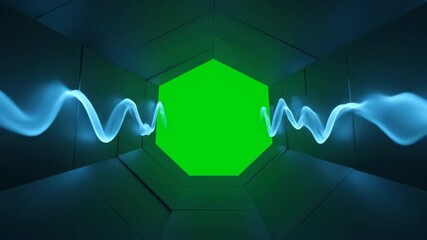 Wall Mural - Fluid Light Waves Slowly Pulsating Through a Hexagon Tunnel on Green Screen visuals, geometric, passage