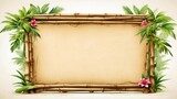 A beautiful bamboo frame with paper in the middle, decorated with green leaves and pink flowers isolated on white background