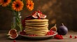 © Segi Empat Studio - Stack of Pancakes with Figs and Red Currants on Plate with Orange Flowers in Vase