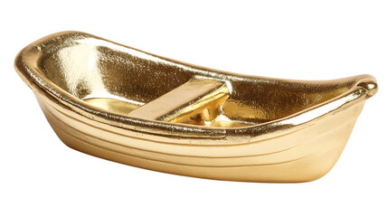 Miniature golden boat isolated on transparent background, a shiny and elegant decor