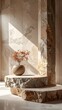 © DanadyaksaDen - Dramatic Still Life with Round Vase Orange Berries on Stone Pedestal Against Textured Wall and Natural Sunlight