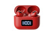 © Stock Haven - Vibrant red wireless earbuds with charging case and digital display