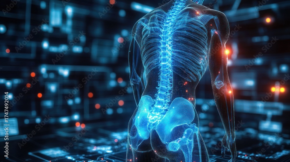 Photo Stock Digital 3D rendering of a human skeletal system focusing on ...