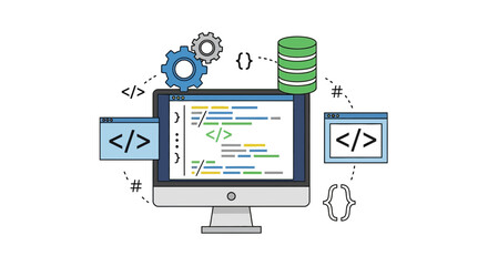 Computer screen displaying code with database and gears