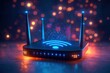 © Khusi - Black wireless router with three antennas emitting a glowing blue Wi-Fi signal icon surrounded by digital particles on a reflective surface with blurred warm bokeh lights in the background