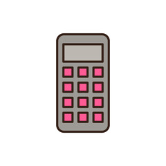 doodle of calculator. It features a rectangular grey body with rounded corners, a dark grey display screen at the top, and twelve pink square buttons arranged in a grid below the screen