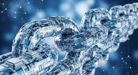 A close-up view of a digital chain, representing data security and technology.