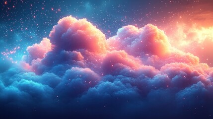 Wall Mural - Vibrant, soft clouds glowing with radiant pink and blue hues illuminated by warm sunlight and scattered sparkling particles in a dreamy sky