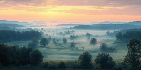 Wall Mural - Early morning landscape with rolling hills covered in mist and scattered trees under a colorful sunrise sky