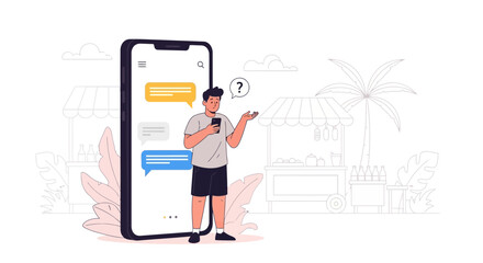 Confused man using mobile phone with message bubbles and outdoors background illustration