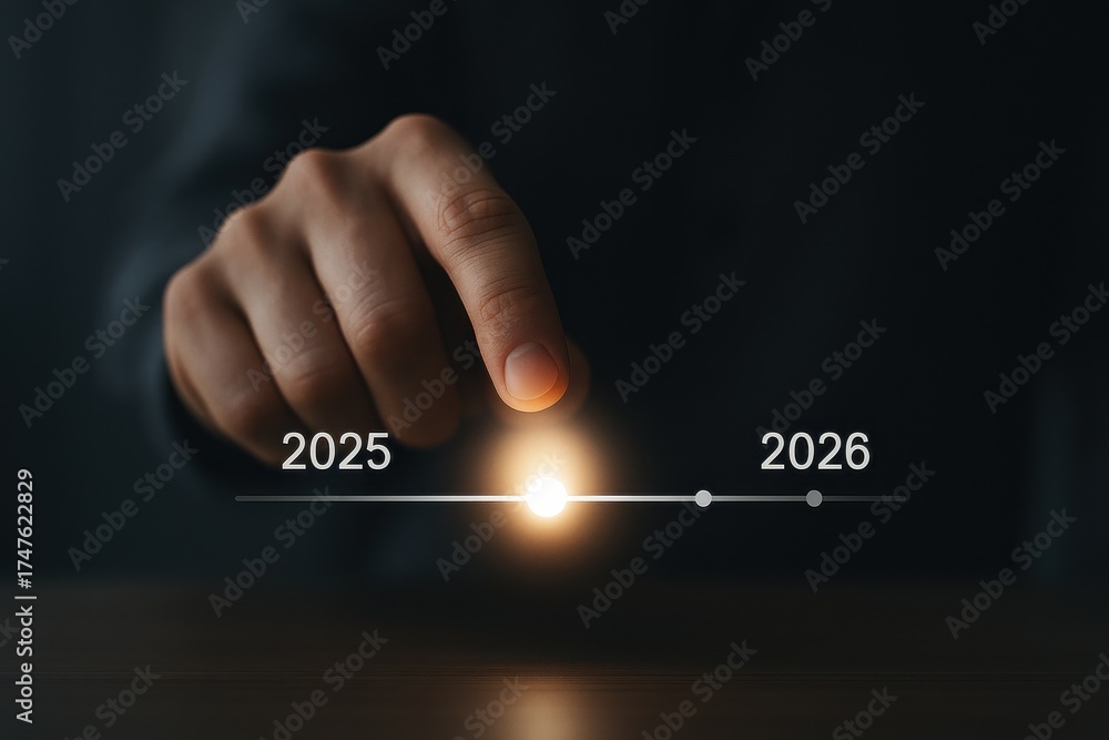 Hand Pointing at Light on Timeline from 2025 to 2026 Representing ...