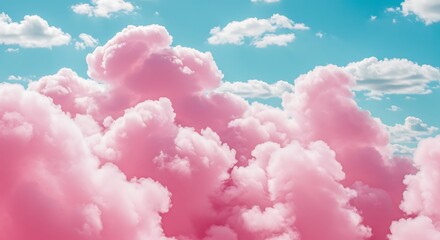 Surreal sky scape featuring voluminous, bright pink cotton candy clouds contrasting with a vibrant turquoise blue sky